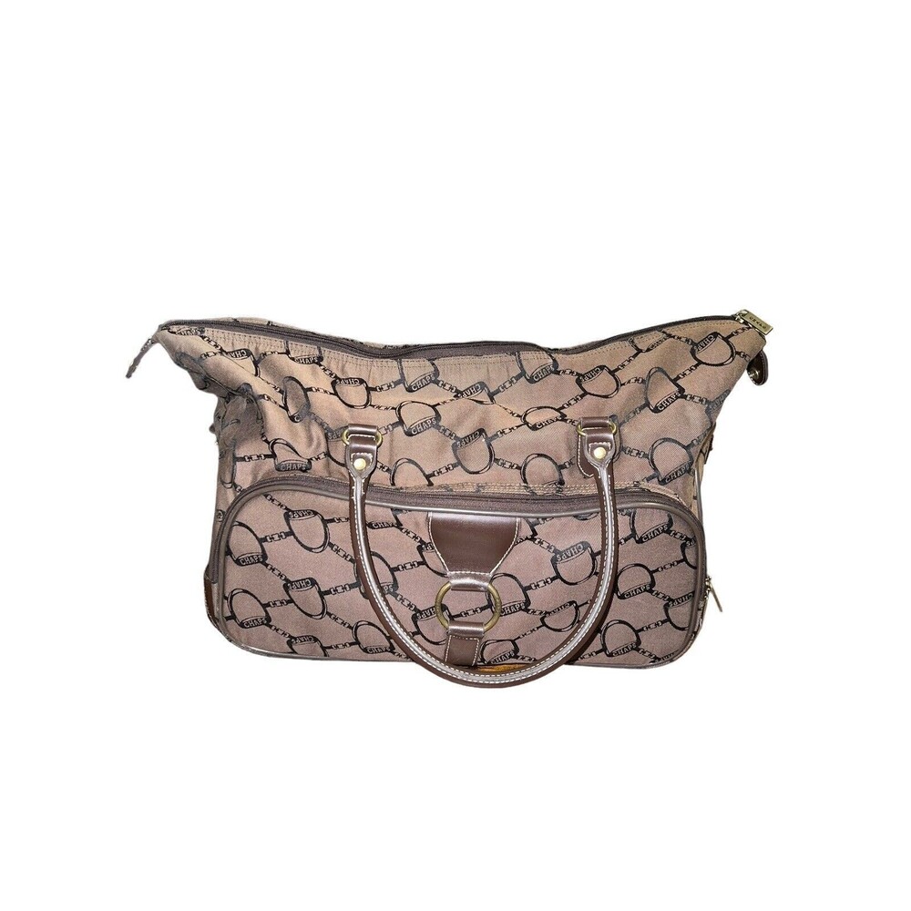 Chaps Weekend Bag Brown Stirrup Print Holds Travel Carry On Horse Duffle Rolling